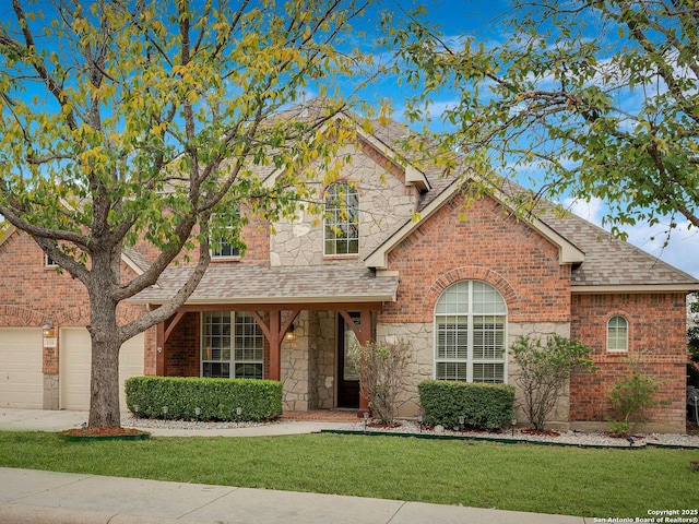 traditional-style house featuring brick siding, concrete driveway, a front yard, a garage, and stone siding