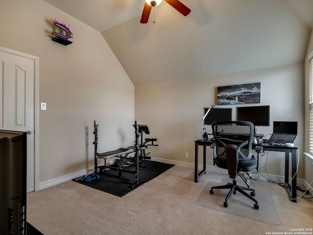 workout area featuring a ceiling fan, lofted ceiling, carpet flooring, and baseboards