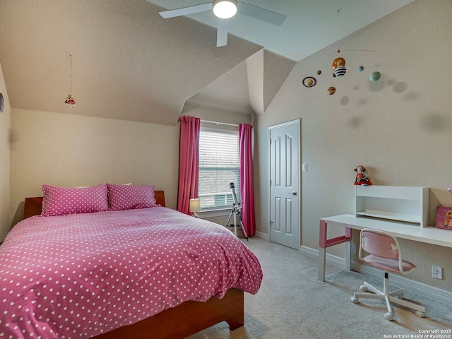 bedroom with lofted ceiling, baseboards, carpet floors, and ceiling fan