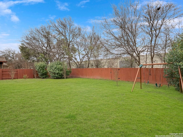 view of yard with a fenced backyard and a playground