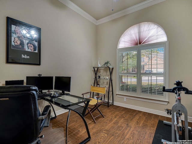 office space with baseboards, ornamental molding, and wood finished floors