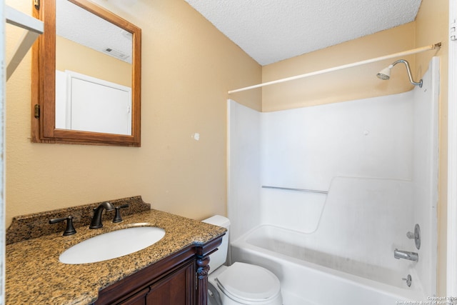 full bathroom with a textured ceiling, bathtub / shower combination, toilet, vanity, and visible vents