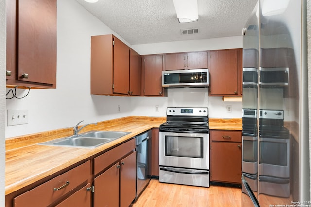 kitchen featuring wood counters, a sink, visible vents, appliances with stainless steel finishes, and light wood-type flooring