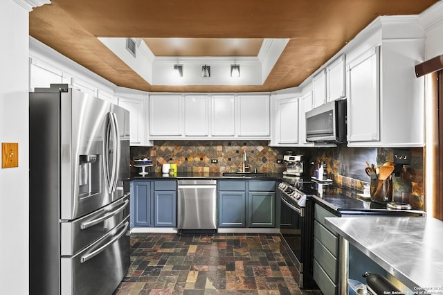 kitchen with a tray ceiling, stainless steel counters, appliances with stainless steel finishes, ornamental molding, and a sink