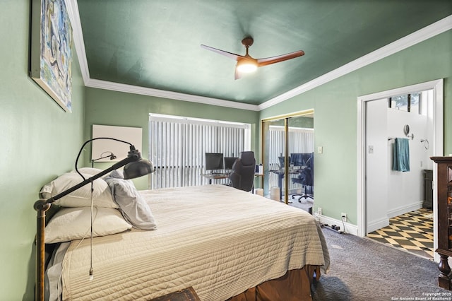 bedroom with ceiling fan, carpet floors, baseboards, a closet, and crown molding