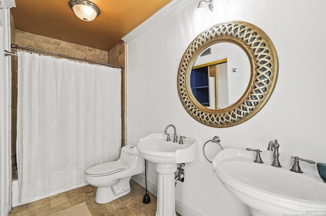 bathroom featuring toilet, curtained shower, stone tile floors, and a sink