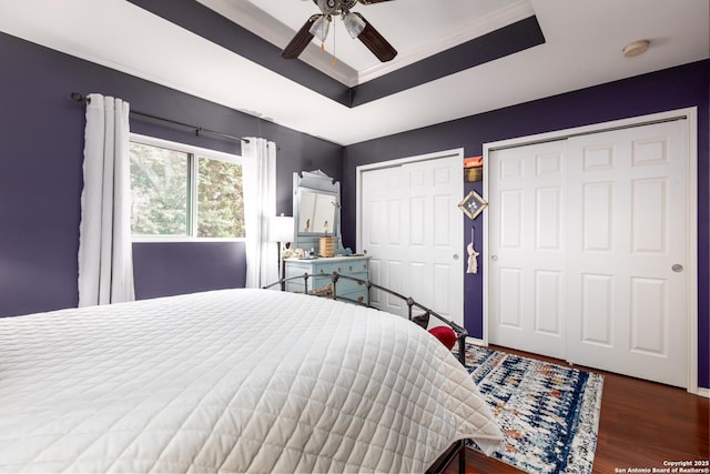 bedroom with a ceiling fan, wood finished floors, a tray ceiling, crown molding, and multiple closets