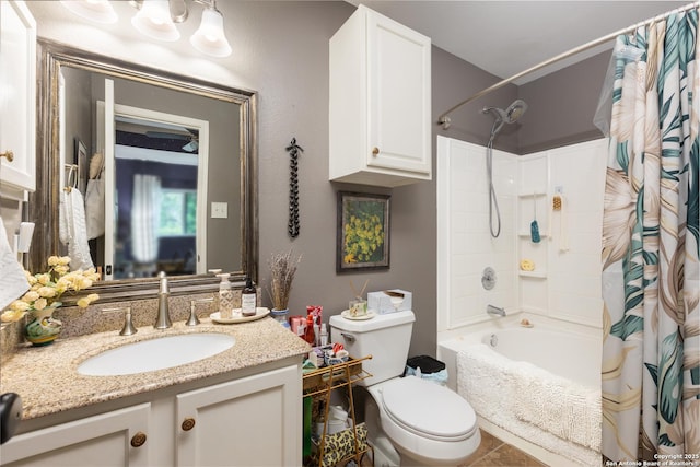 full bath featuring vanity, toilet, and shower / tub combo with curtain