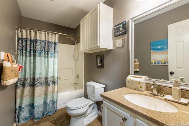 full bathroom with toilet, tile patterned floors, shower / tub combo with curtain, and vanity