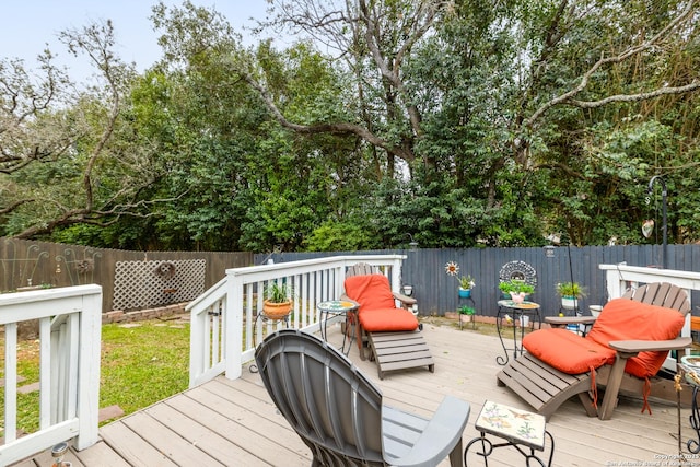 wooden deck with a fenced backyard