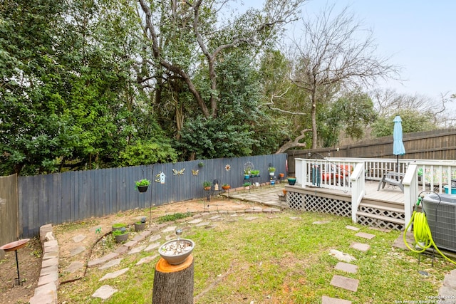 view of yard featuring a fenced backyard and a wooden deck