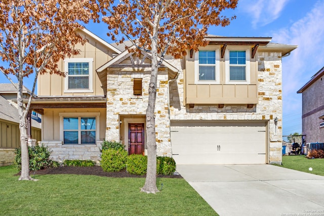 view of front of home featuring board and batten siding, a front yard, and stone siding