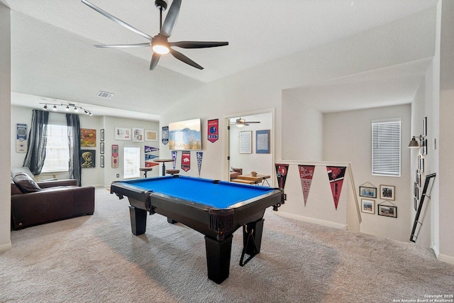 rec room featuring a textured ceiling, carpet floors, billiards, visible vents, and vaulted ceiling