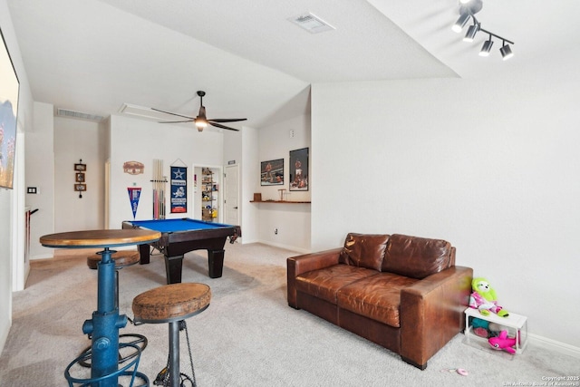 rec room featuring lofted ceiling, billiards, visible vents, and carpet flooring