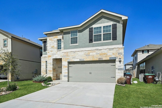 view of front of house featuring concrete driveway, stone siding, an attached garage, a front yard, and stucco siding