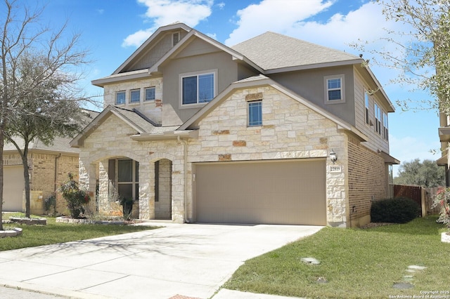 view of front of house with concrete driveway, a shingled roof, a front yard, and stucco siding