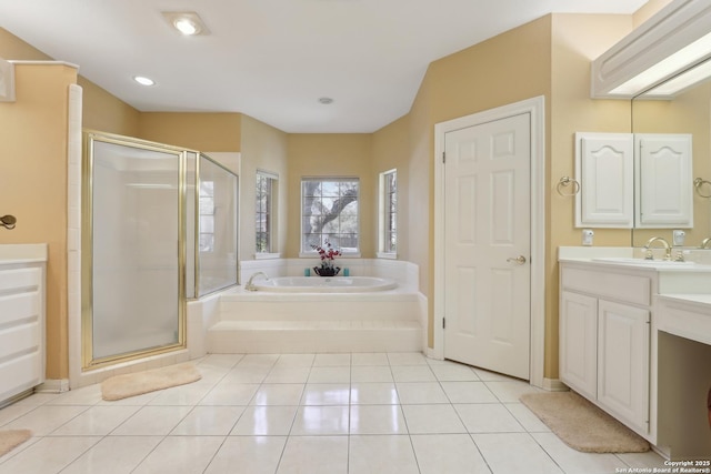 17110 Eagle Holw, San Antonio, TX 78248 - bathroom with recessed lighting, a shower stall, vanity, a bath, and tile patterned floors