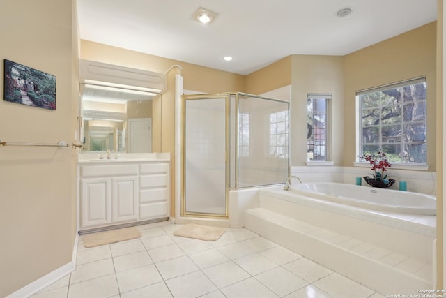 17110 Eagle Holw, San Antonio, TX 78248 - bathroom featuring vanity, a shower stall, a bath, and tile patterned floors
