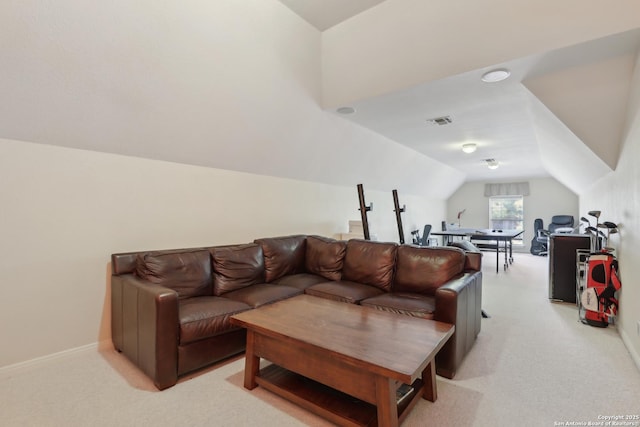 17110 Eagle Holw, San Antonio, TX 78248 - living room featuring lofted ceiling, light colored carpet, visible vents, and baseboards