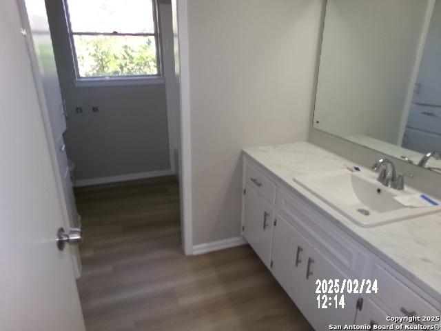 bathroom with vanity, baseboards, and wood finished floors