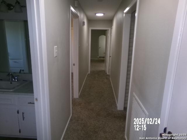 hall with carpet floors, a sink, and baseboards