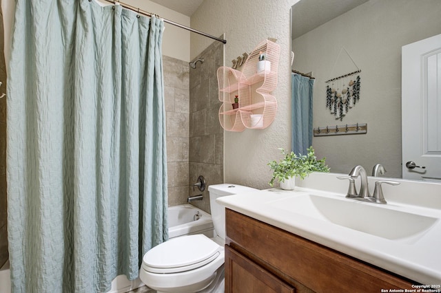 full bathroom featuring a textured wall, shower / tub combo with curtain, and toilet