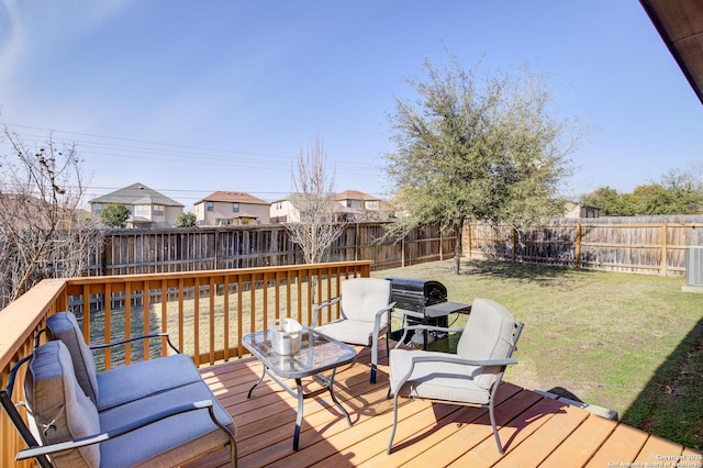 wooden terrace with a yard and a fenced backyard