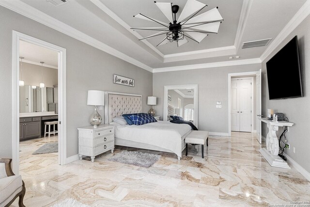 404 Matern Ct, Horseshoe Bay, TX 78657 - bedroom featuring marble finish floor, ornamental molding, visible vents, and baseboards