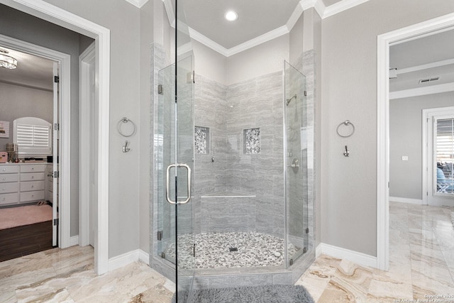 404 Matern Ct, Horseshoe Bay, TX 78657 - full bathroom featuring marble finish floor, crown molding, a shower stall, and baseboards