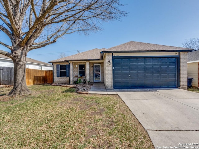 single story home with a garage, brick siding, fence, driveway, and a front lawn