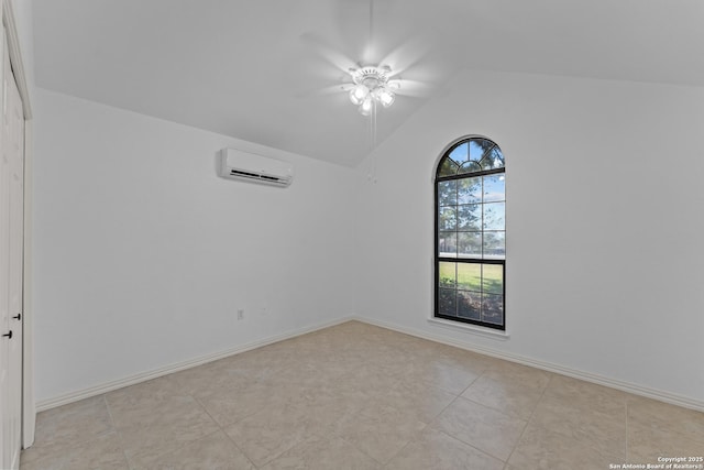 1300 Windmill Dr, La Vernia, TX 78121 - spare room featuring vaulted ceiling, a ceiling fan, baseboards, and a wall mounted air conditioner