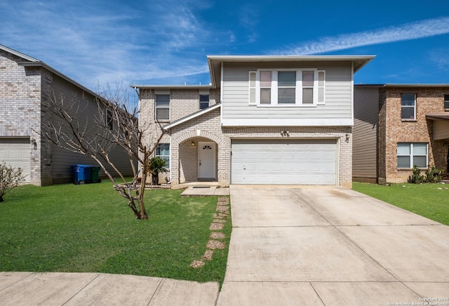 view of front facade featuring driveway, a garage, a front lawn, and brick siding