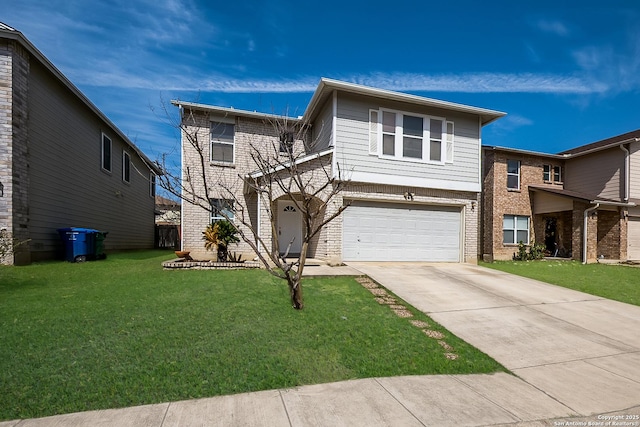 view of front facade featuring an attached garage, concrete driveway, brick siding, and a front yard