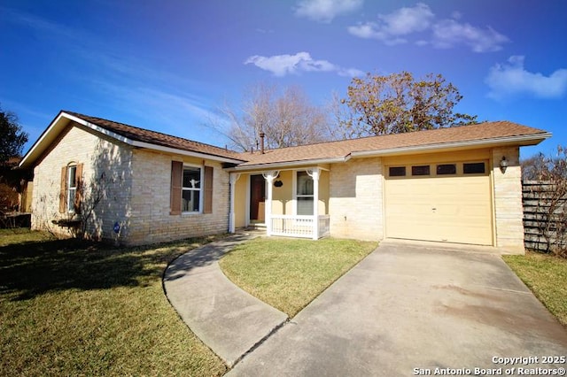 single story home featuring a porch, a garage, brick siding, driveway, and a front yard