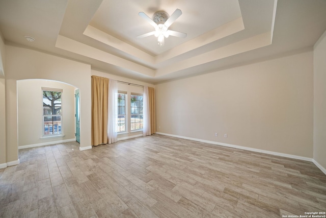 empty room featuring a wealth of natural light, a raised ceiling, and light wood finished floors