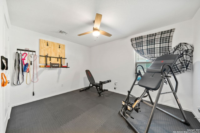 workout room featuring visible vents, baseboards, and a ceiling fan