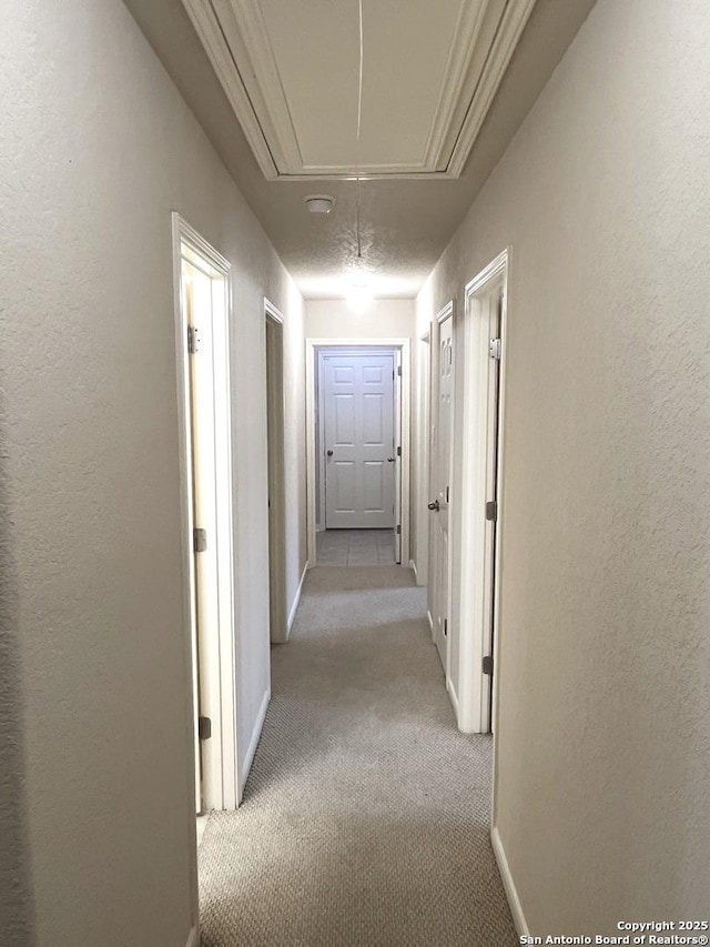 hall with light carpet, a textured wall, attic access, and baseboards