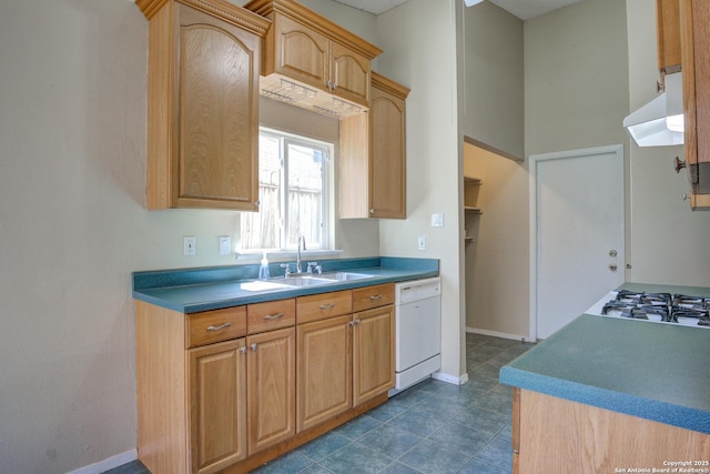 kitchen featuring baseboards, white appliances, a sink, and under cabinet range hood