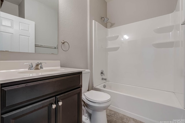 bathroom featuring tile patterned flooring, shower / tub combination, vanity, and toilet