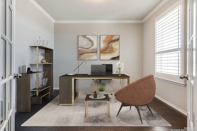 office with baseboards, ornamental molding, and wood finished floors