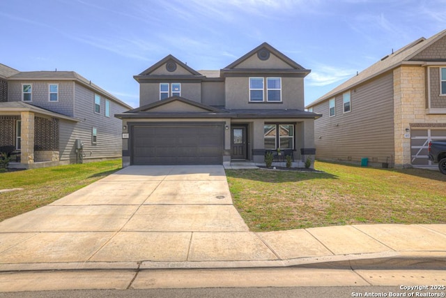 417 Briarfield, Seguin, TX 78155 - view of front of home featuring a front lawn, concrete driveway, covered porch, stucco siding, and a garage