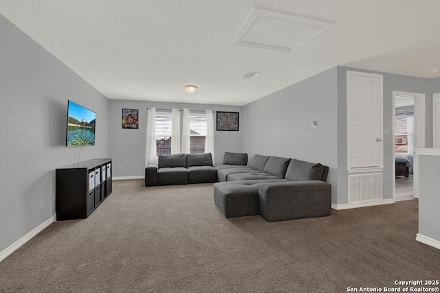 417 Briarfield, Seguin, TX 78155 - living area featuring visible vents, attic access, baseboards, and carpet floors