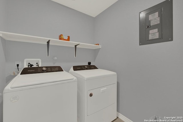 417 Briarfield, Seguin, TX 78155 - laundry room featuring electric panel, laundry area, washer and dryer, and baseboards
