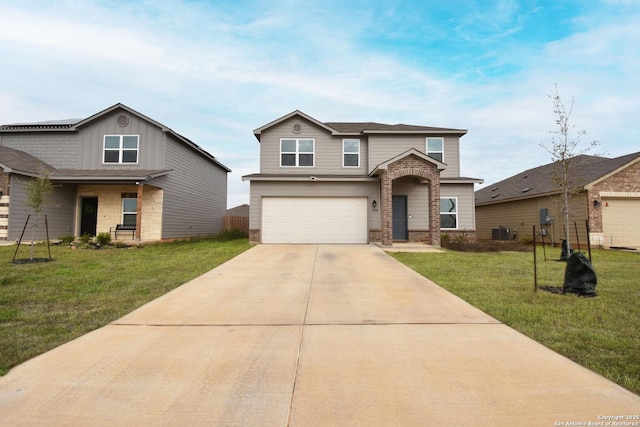 traditional-style home featuring an attached garage, central air condition unit, brick siding, driveway, and a front yard