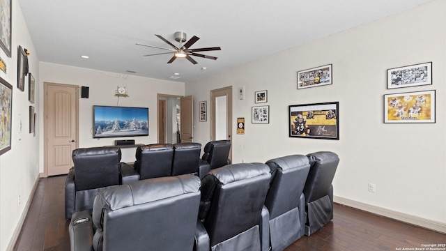 home theater featuring dark wood-style floors, ceiling fan, recessed lighting, and baseboards