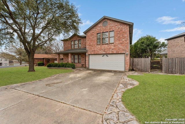 traditional-style home with brick siding, an attached garage, fence, driveway, and a front lawn