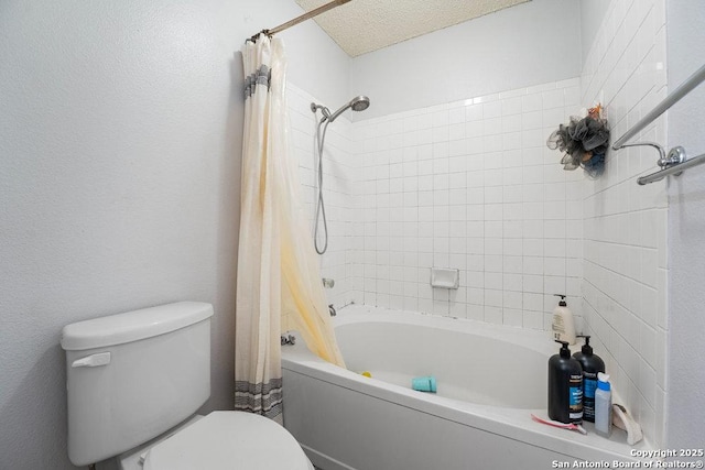 bathroom featuring toilet and shower / bathtub combination with curtain