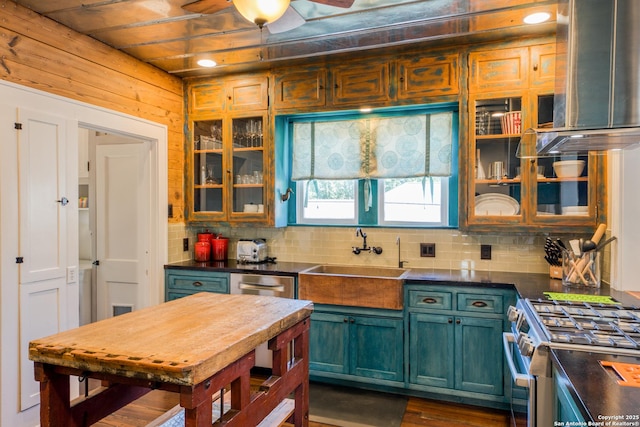 kitchen with dark countertops, backsplash, stainless steel appliances, and a sink