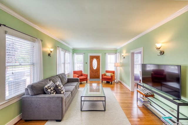 living area featuring ornamental molding, wood finished floors, and baseboards