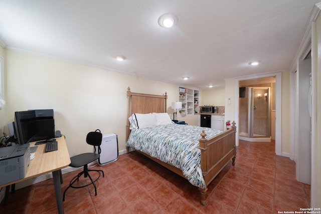 tiled bedroom with recessed lighting, baseboards, and ornamental molding